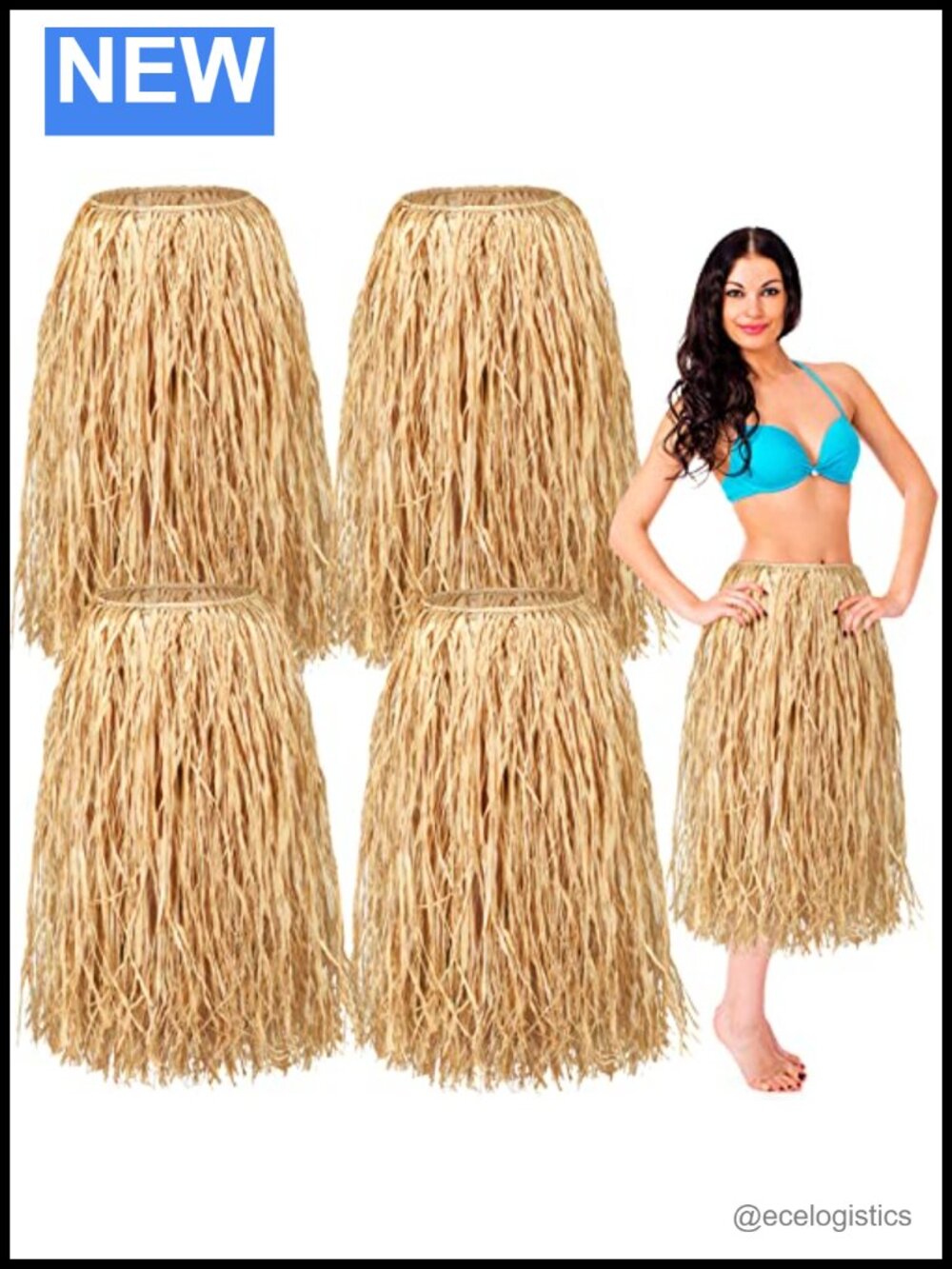 Natural Raffia Grass Skirts for Women Men Luau Party Hula Dance Costume, 4-Pack